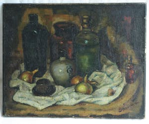 Niet of onleesbaar gesigneerd - Olieverf op doek, Stilleven met uien en flessen – gesigneerd kopen? Bied vanaf 10!