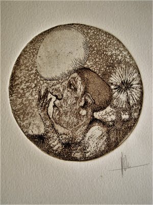 Niet of onleesbaar gesigneerd - grote Gesigneerde Surrealistische Ets "de Eierdragers" 1978 kopen? Bied vanaf 10!