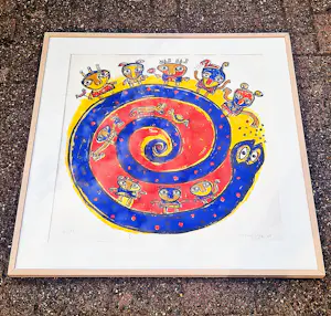 Toyin Loye - Grote kleurrijke zeefdruk "circle of life " kleine oplage (45) netjes ingelijst kopen? Bied vanaf 55!