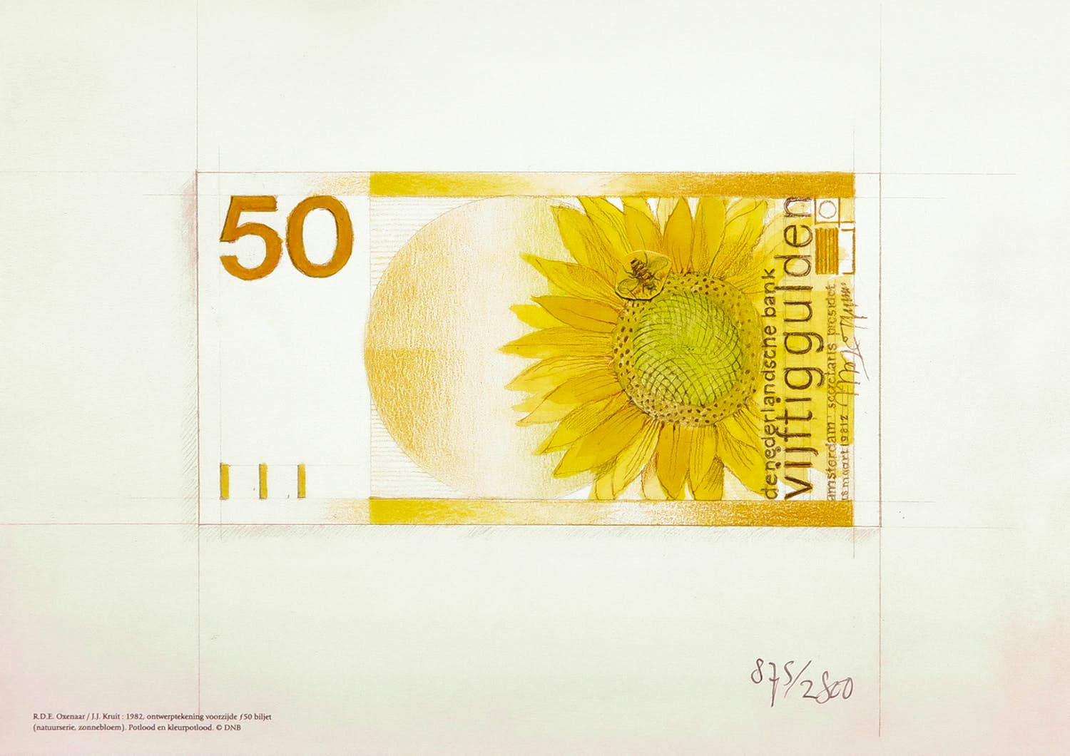 Ootje Oxenaar - Litho, Ontwerp 50 gulden biljet verkocht voor € 1!