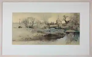 Jose Calsina - Pen/ Aquarel op papier, Landschap - Ingelijst verkocht voor € 40!