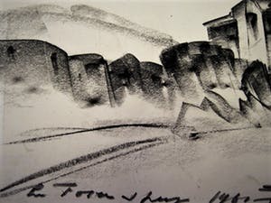 Niet of onleesbaar gesigneerd - Intrigerende 1961 Houtskooltek. "Bergachtig landschap met dorp" gesigneerd kopen? Bied vanaf 1!