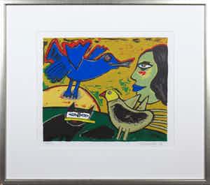 Corneille - Zeefdruk, Femme avec oiseau bleu - Ingelijst verkocht voor € 1!