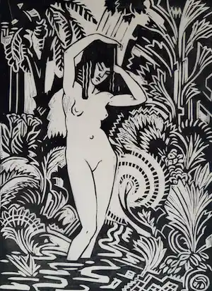 Henri van der Stok - Twee houtsnedes uit Wendingen 1919: Badende nimf en Faun en merel verkauft für € 60!