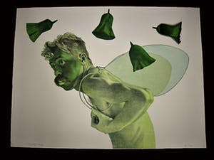 Rodolfo Meli - Toscaans Graficus - Groot Gesigneerd Litho " Zelfportret als Icarus in groen" kopen? Bied vanaf 1!