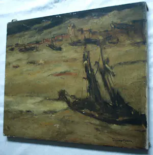 Gerard van Lerven - Olieverf op doek , Schepen op het strand…48½ x 58½ cm. kopen? Bied vanaf 60!