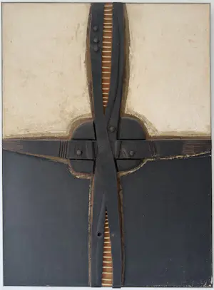 Jaap Wagemaker - gemengde techniek op jute | 'Verticale beweging' | 1969 kopen? Bied vanaf 5000!