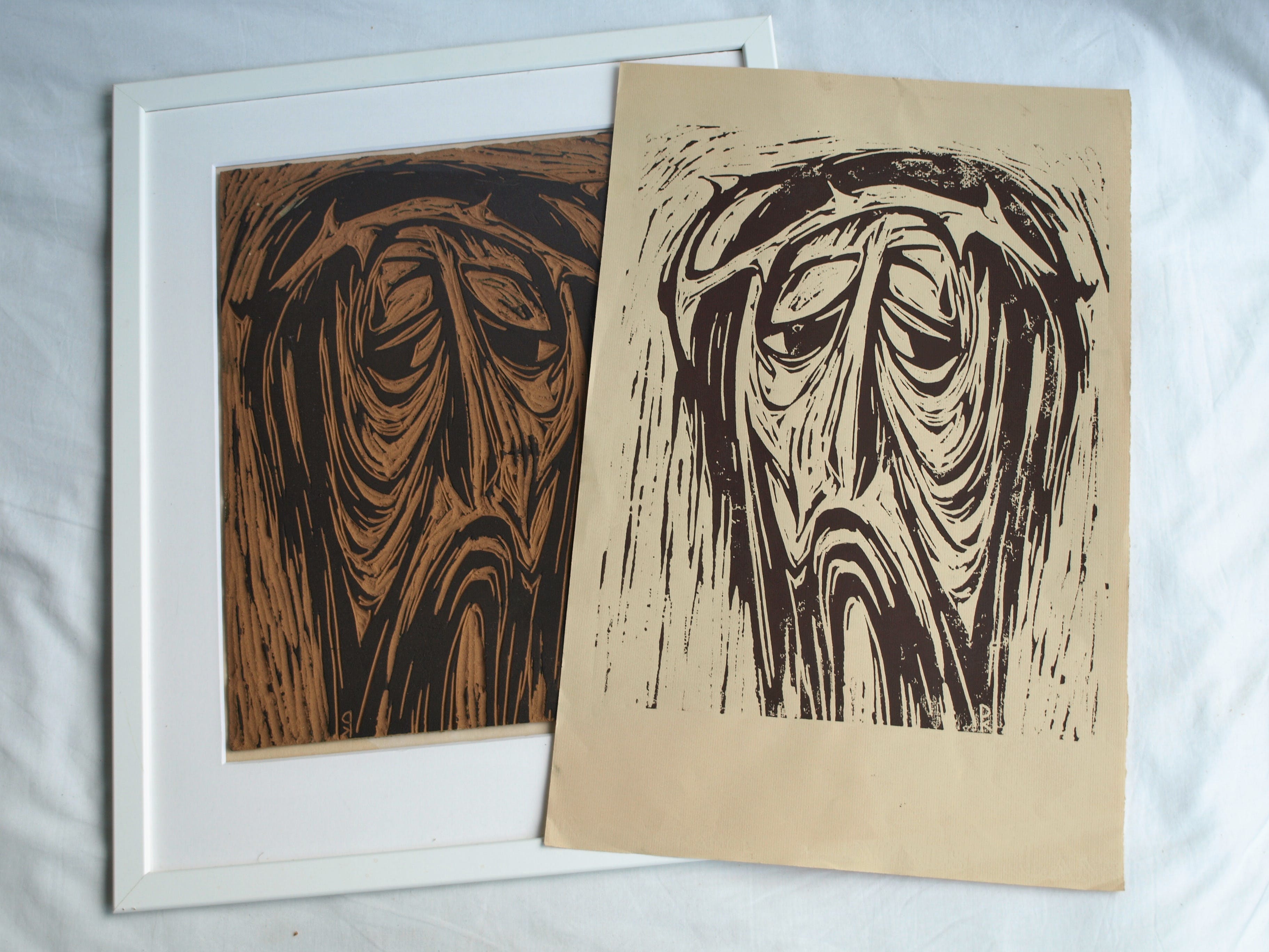 Klaas Pijlman - Originele linoplaat + afdruk , Jezus, man van smarten - ingelijst – 1965 kopen? Bied vanaf 75!