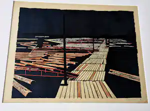 Toon Wegner - Nieuwe Haagse school - grote kleuren houtsnede "Finse houtvlotterij" - 1964 verkauft für € 78!