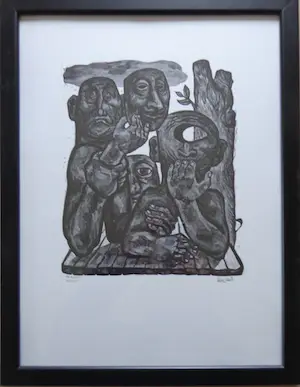 Lou Strik - DE VISITIE / ZW-W LINOSNEDE / 43x33cm / KADER / SIG kopen? Bied vanaf 25!