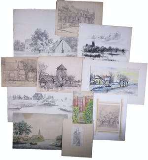 Niet of onleesbaar gesigneerd - Lot, Diverse Tekeningen en Aquarellen van gebouwen en landschappen[9] kopen? Bied vanaf 1!