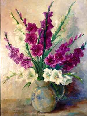 Jan Kelderman - Bos gladiolen op vaas (groot formaat 67 cm x 86 cm) verkocht voor € 100!