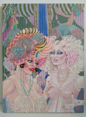 Niet of onleesbaar gesigneerd - J.C. van der Does; Kleurrijke dames op een feestje kopen? Bied vanaf 1!