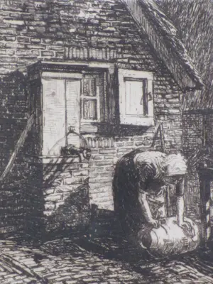 Simon de Heer - Boerin met melkbus op erf - Ets kopen? Bied vanaf 40!