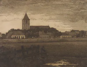 Albert Hemelman - Ets, Dorpsgezicht met kerk kopen? Bied vanaf 35!